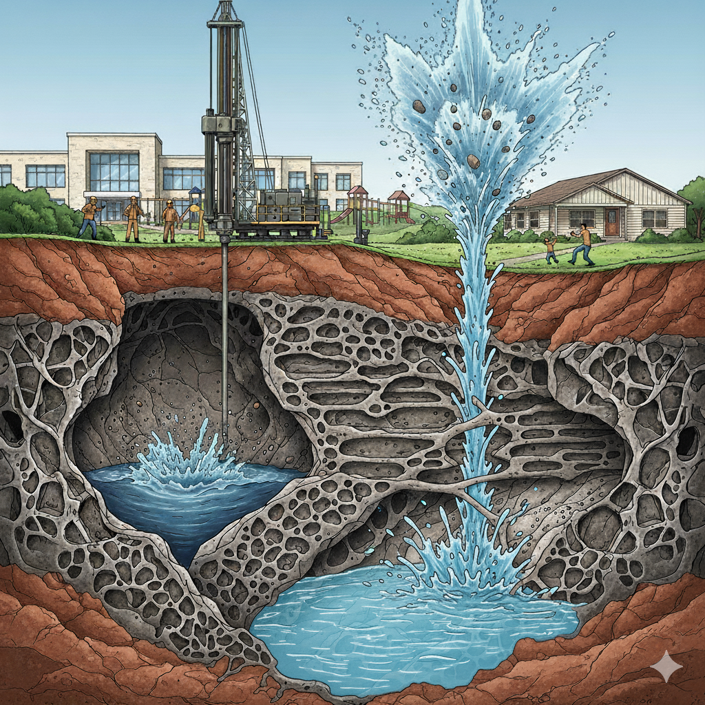 Three-dimensional block diagram of karst terrain showing the limestone bedrock honeycombed with caves and solution voids, sinkholes at the surface, and drilling penetrating into the cavernous rock.